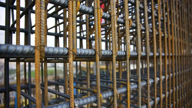 Deformed steel reinforcing bars on a building site