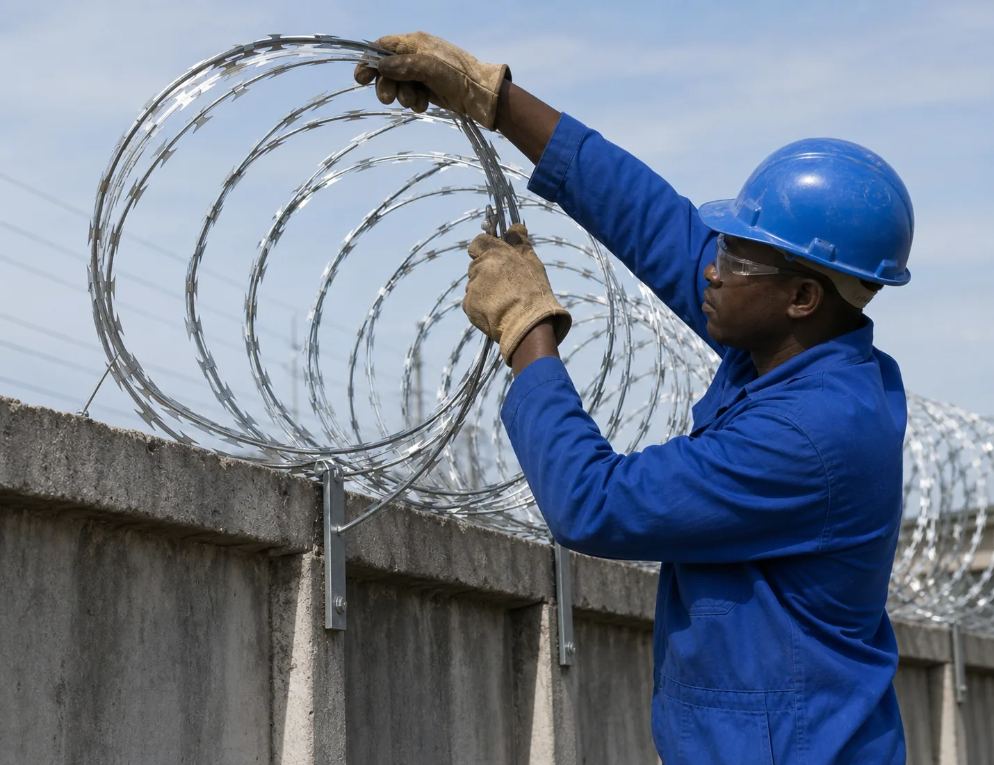 African Azzar installer in blue protective workwear fitting razor wire