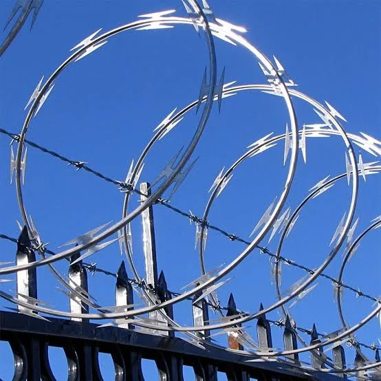 Razor wire installed above a steel security gate