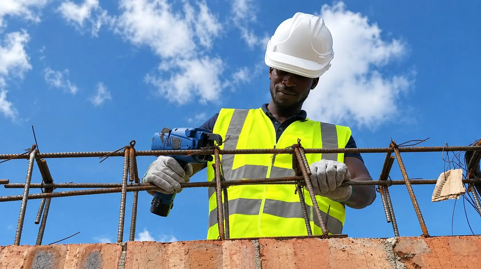 Builder fixing deformed reinforcing bars on site